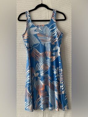 Blue Floral-Print Sleeveless Midi Dress with Peach and White Accents